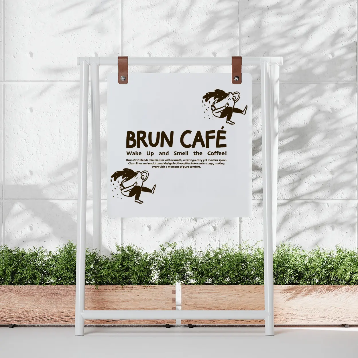 Signsatelier minimalist white pavement sign; standing metal frame with hanging board and leather details.