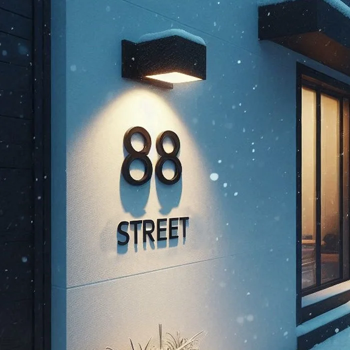 An image of the Acrylic House Numbers product with the letter 223. The product is hanging on the wall of a house.