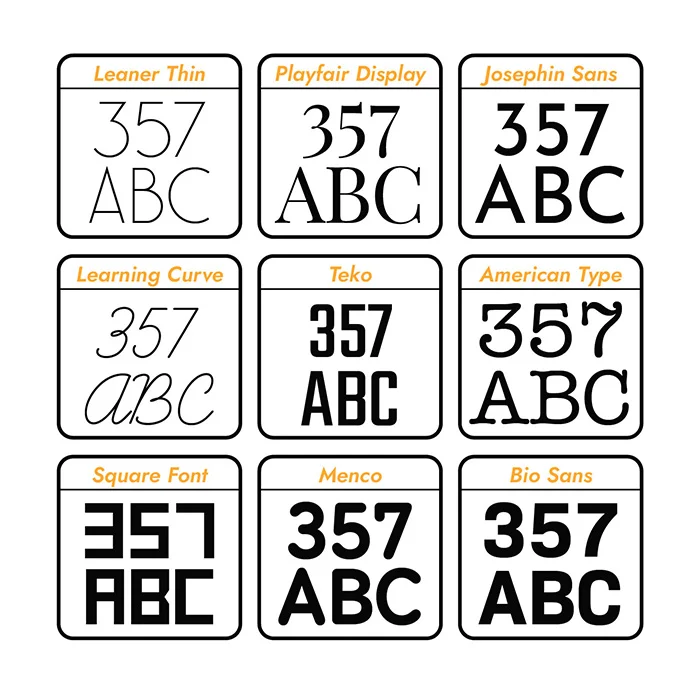 An image of the Acrylic House Numbers product. The image contains a font template that offers options for the product.