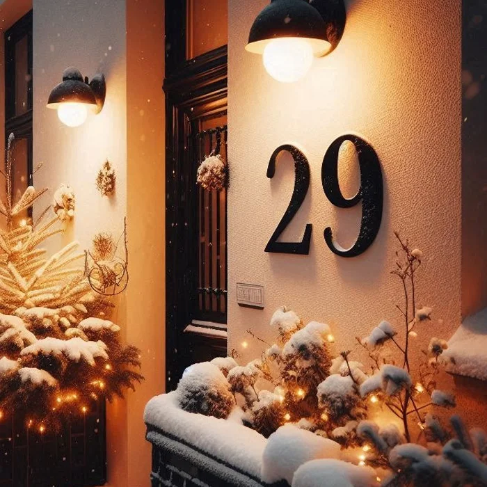 An image of the Acrylic House Numbers product with the letter 223. The product is hanging on the wall of a house.