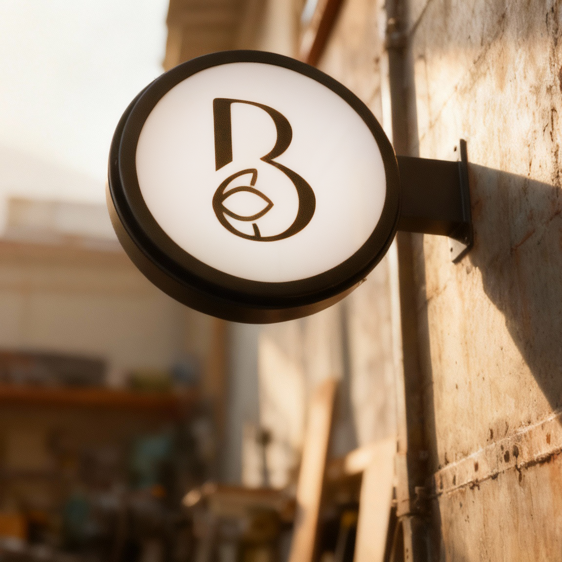 A round illuminated lantern sign with the 'B' logo mounted on an old wall