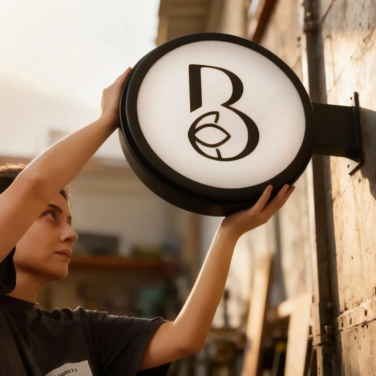 Round store sign application with black metal casing and LED lighting