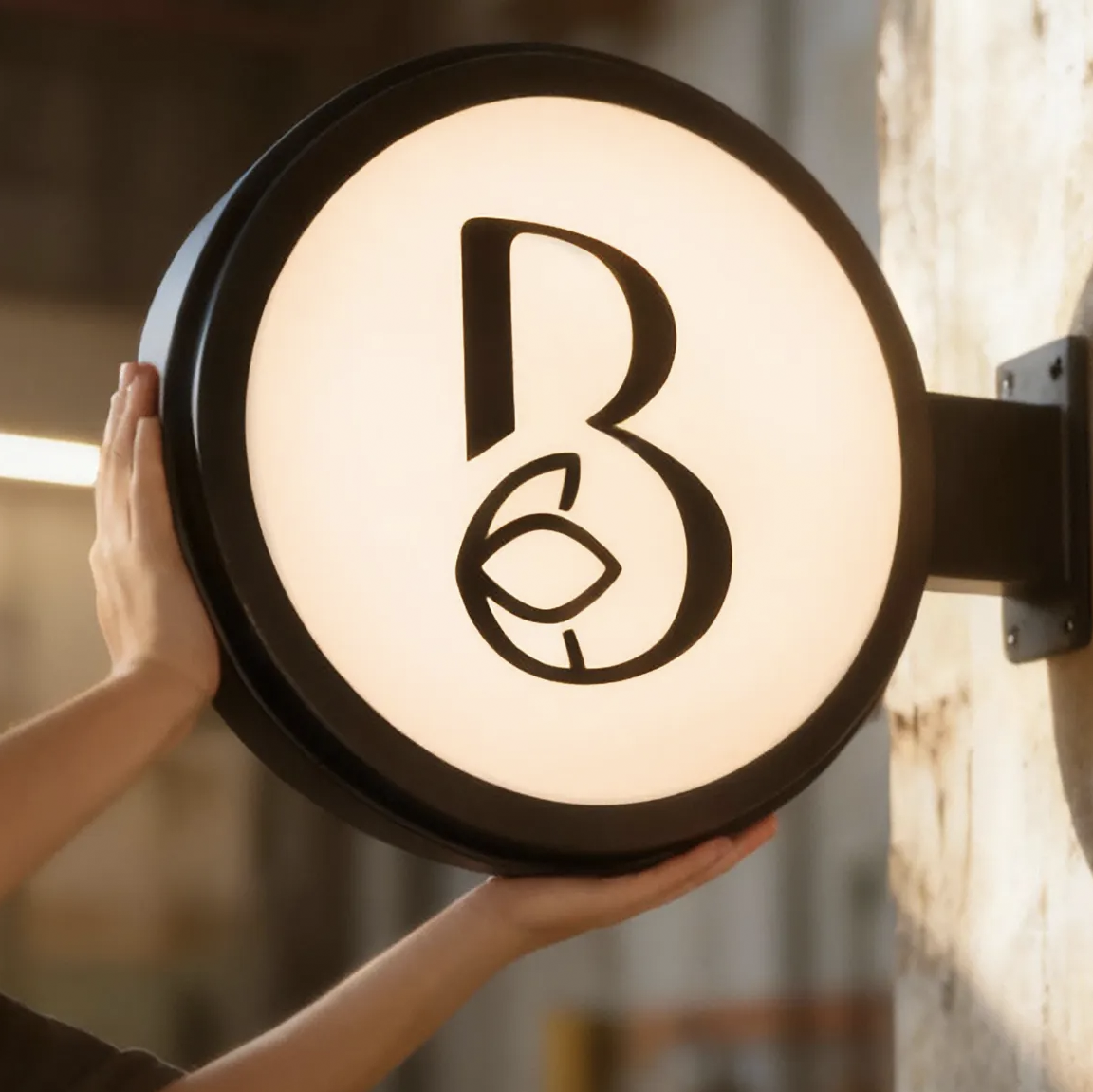 A round illuminated wall-mounted lantern sign featuring a stylized letter B logo.