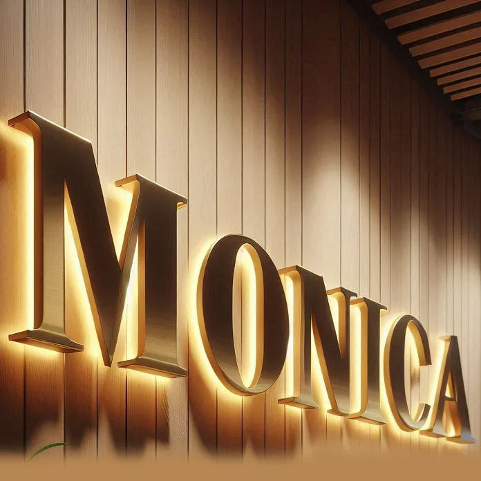A custom backlit sign product that hangs on the wall. The product says MONICA.